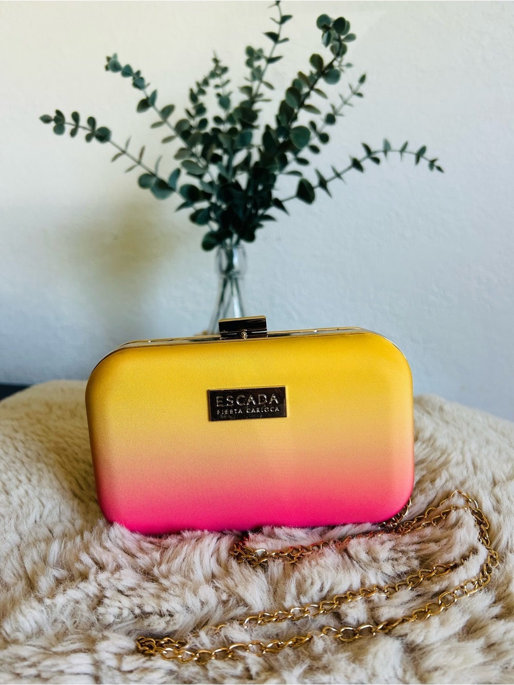Escada Yellow to Pink Ombre Hard-Case Clutch with Gold Chain